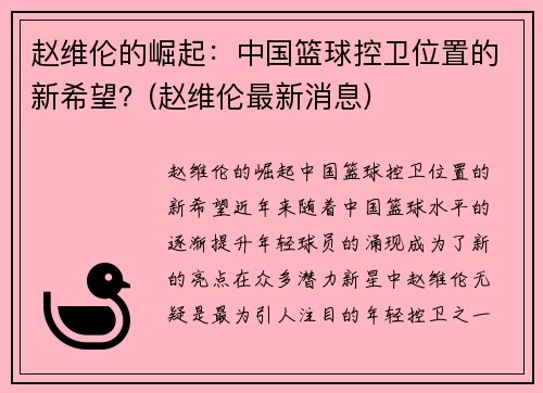 赵维伦的崛起：中国篮球控卫位置的新希望？(赵维伦最新消息)